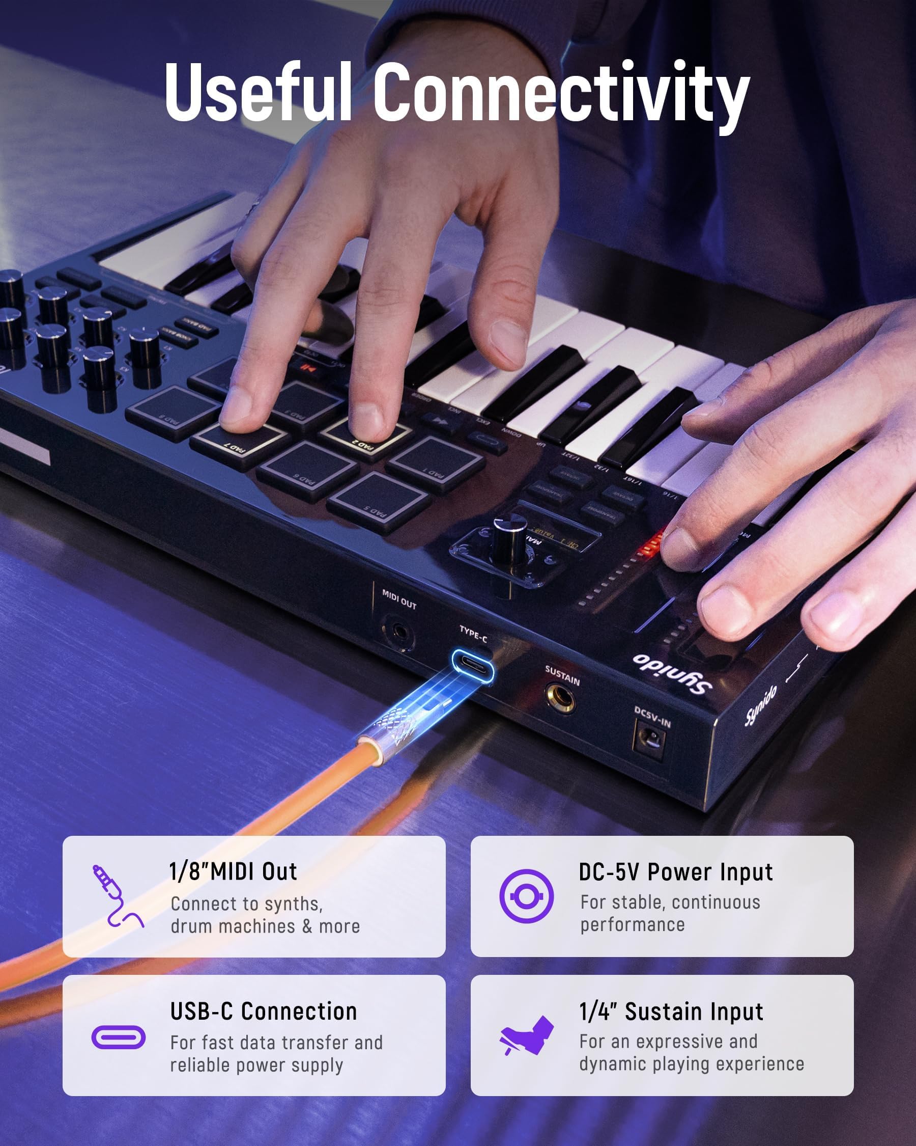 Synido TempoKEY K25 USB C MIDI Keyboard Controller Mit 25 Breiten Tasten, Tiefem Tastenhub Und Anschlagdynamischen Tasten, 8 RGB-Drum-Pads, OLED-Display, Transportsteuerung, Touch Streifen, Arpeggiato 6
