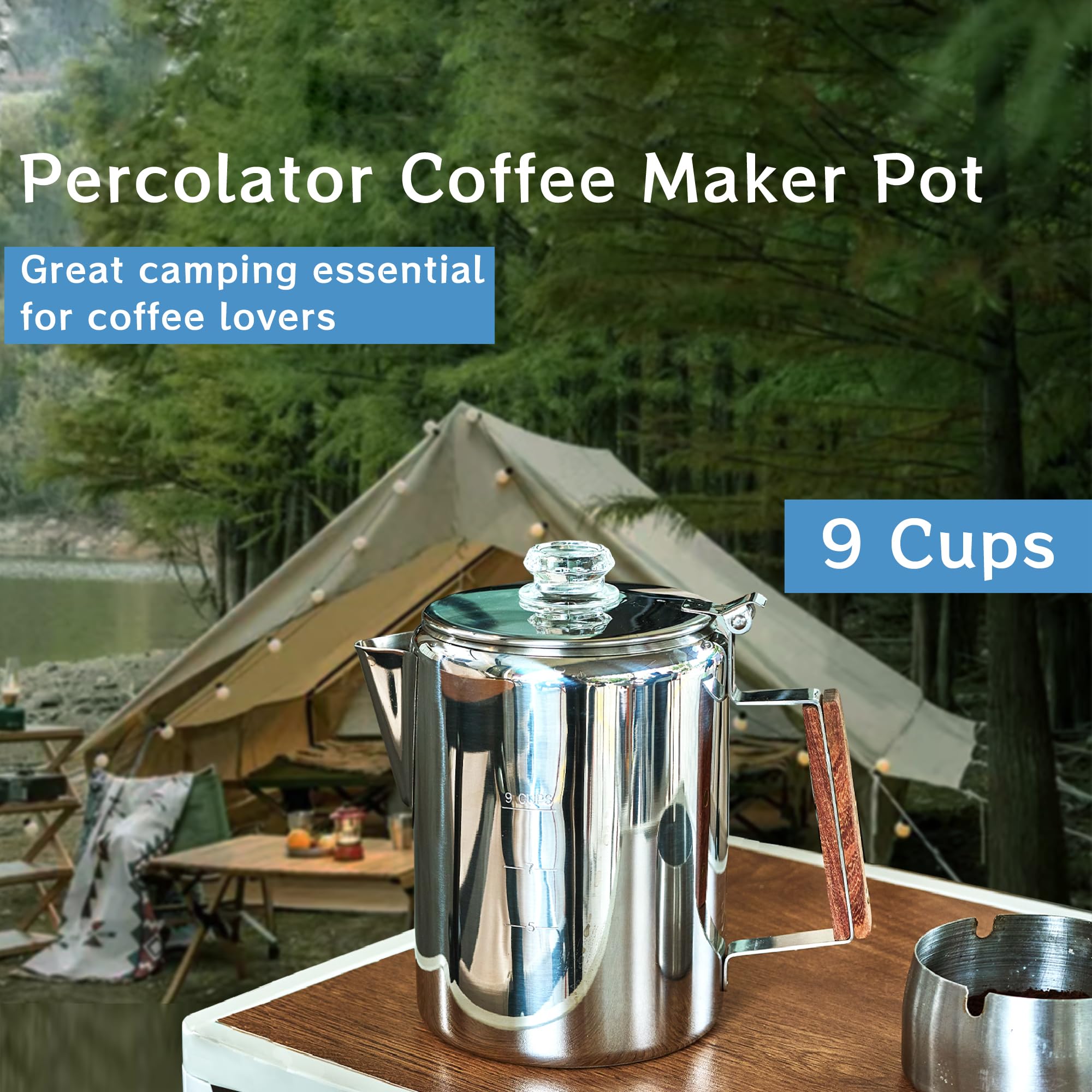 Camping-Fire Coffee Percolator Stovetop Pot- Stainless Steel Stove top Coffee Pot, Unleash Flavor in the Great Outdoors (9 Cups)