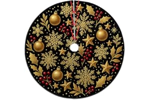 VEXLIX Christmas Tree Skirt 36 inch, Golden Stars Holly Snowflake Xmas Xmas Tree Skirt for Home Party Holiday Indoor Outdoor Decorations