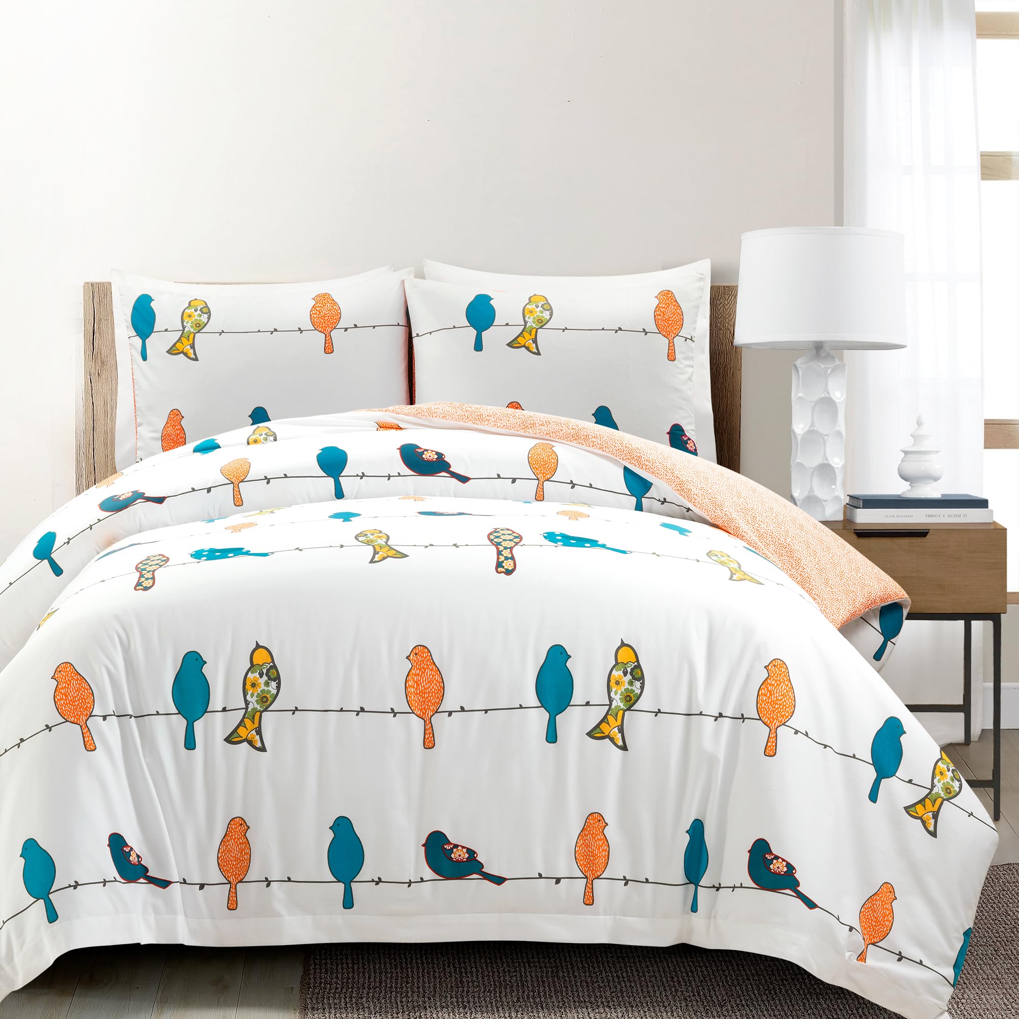 Lush Decor Rowley Birds Reversible Cotton Duvet Cover Set, 3 Piece Set, Full/ Queen, Multi - Colorful Bird Bedding Set - Whimsical & Playful Floral Bird Duvet - Boho & Farmhouse Home Decor Image