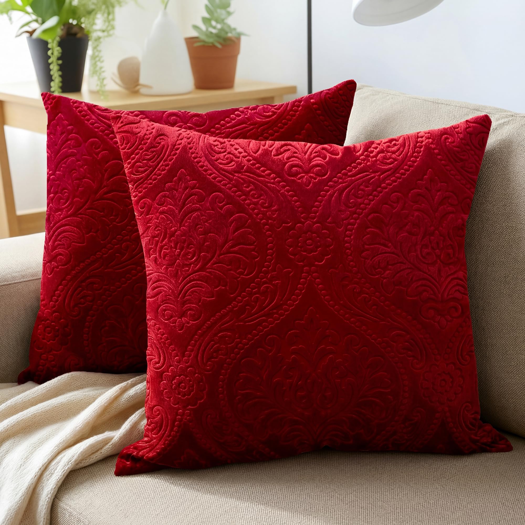 Encasa XO Luxury Embossed Velvet Cushion Covers - Plush Throw Pillow Covers For Elegant Living Rooms & Bedrooms, Machine Washable, 50x50 cm Red | Set of 2 | Covers Only No Insert