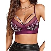 Avidlove Sexy Bras for Women Rhinestone Wireless Bralettes Lace V Neck Wirefree Bra Strappy Rave Outfit NO Padded