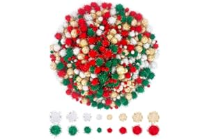 Allruyee 1200 Pieces Christmas Pom Pom Tinsel Glitter Pom Pom Balls for Crafts and Decorations(4 Sizes, Gold, White, Red, Green)