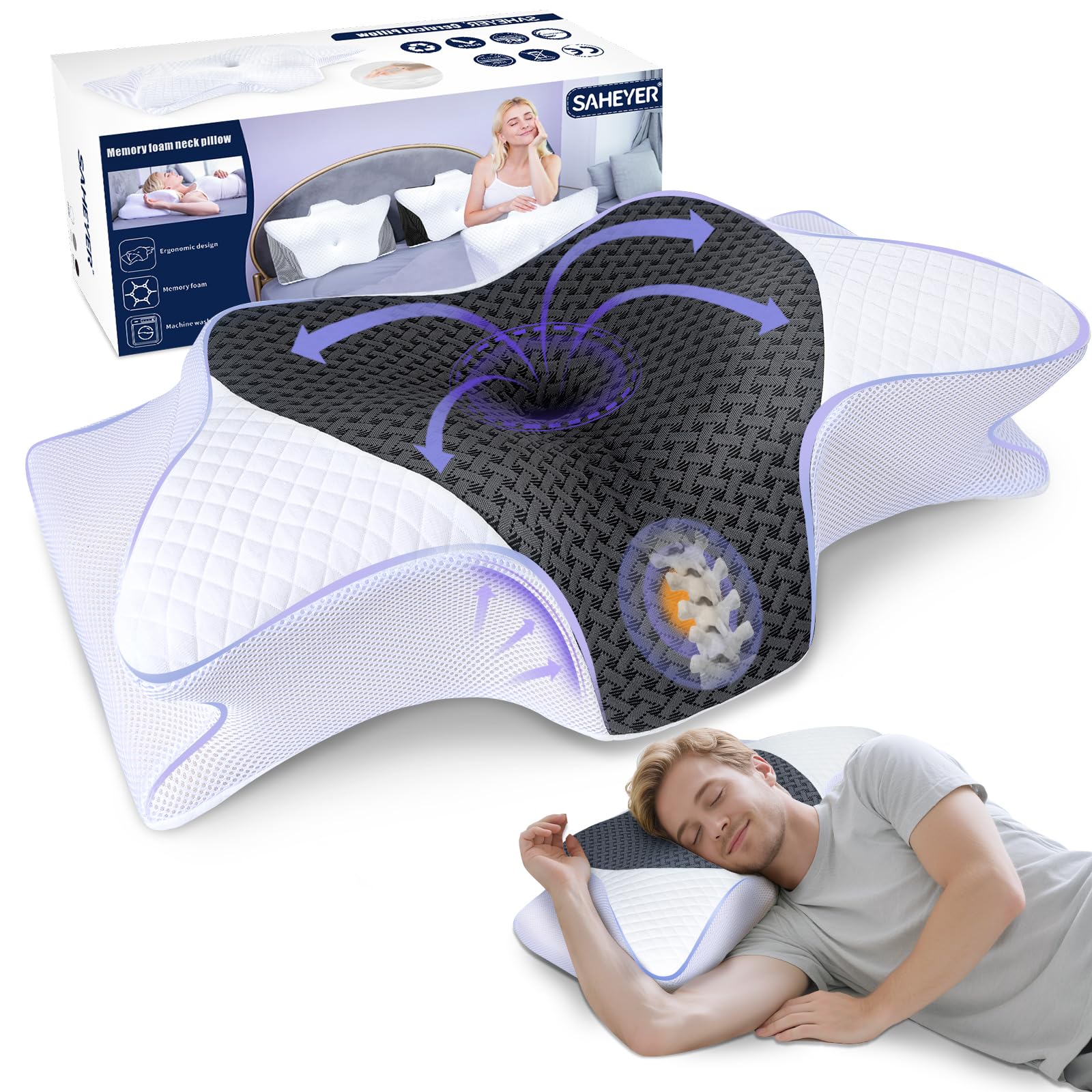 Photo 1 of SAHEYER Cervical Neck Pillow, Memory Foam Pillow for Neck Pain Relief and Snoring, Ergonomic Pillow for Side Sleeper, 2 in 1 Orthopedic Pillow for Back and Stomach Sleeper, White