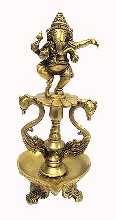 Aesthetic Decors Ganesh Oil Lamp with Dancing & 2 Swan Showpiece - 20 cm (Brass, Gold)