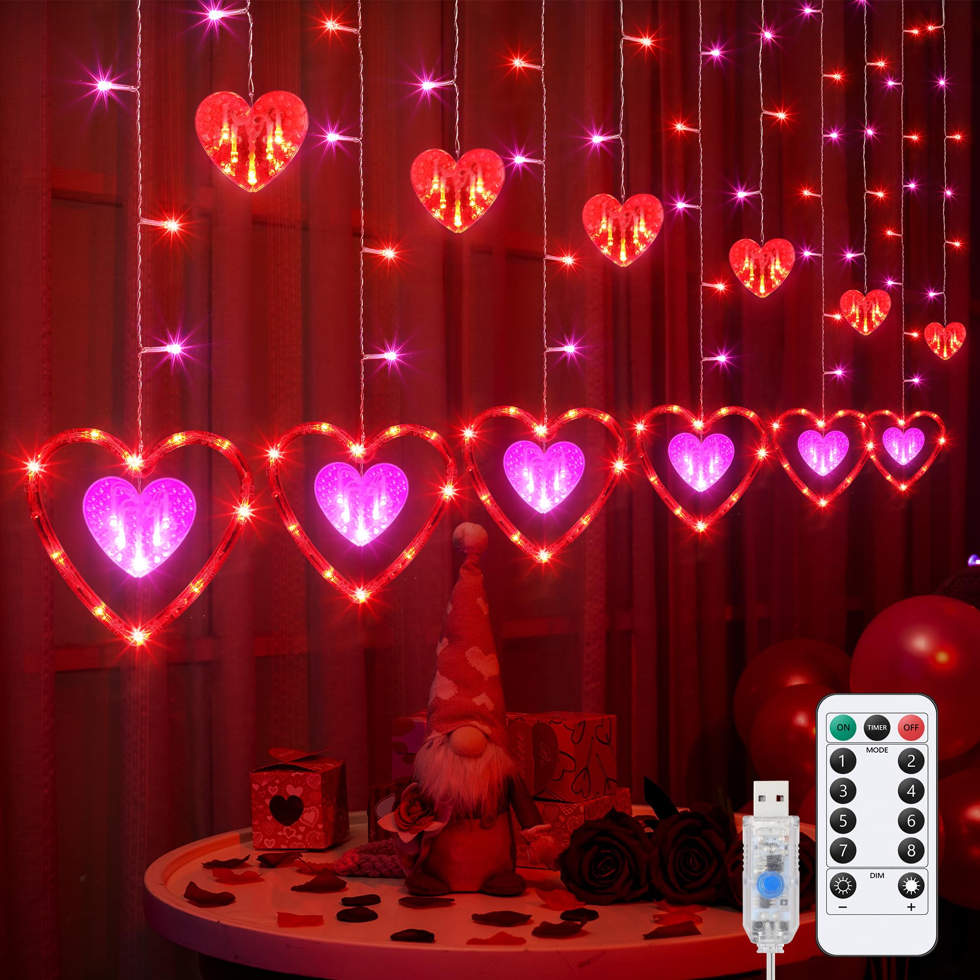 Photo 1 of Enhon Valentine's Day Window Lights, 216 LEDs 18 Hearts Red Heart Shaped Valentines Hanging String Lights, 8 Lighting Modes Valentine Red Curtain Lights for Window Curtain Party Valentines Day Decor