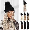 Flufymooz Beanie Wig, Hat Hair Extension Long Wavy Black Hat Wig with Faux Fur Pom Hat, wig hat Attached 20 Inch Synthetic Hairpiece for Women Girls Winter (Light Blonde with White Blonde)
