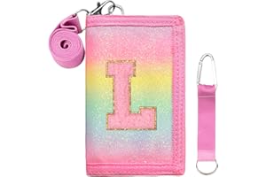 SiorVeol Kids Wallet Girls Trifold Initial Glitter Wallets with Zipper and Card Slots Including Neck Lanyard and Hanging Strap, Rainbow, L