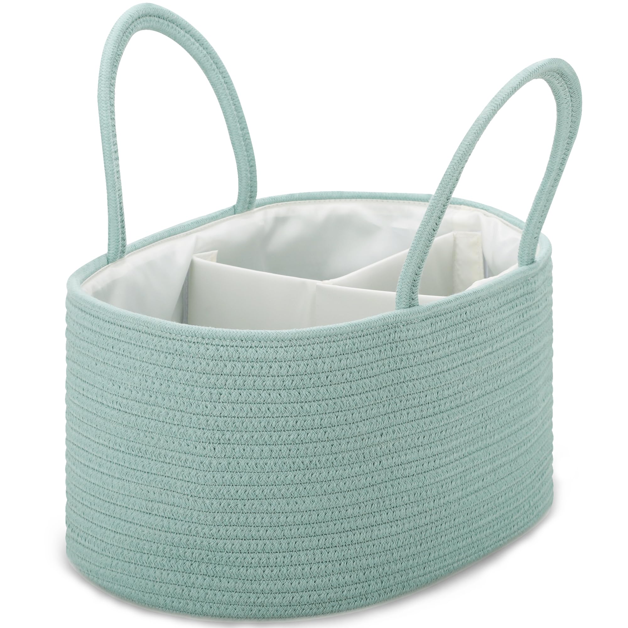 COMSE Large Nappy Caddy Organizer for Girl Boy, Baby Car Diaper Caddy with Handles, Cotton Rope Diaper Basket, Baby Shower Gifts Newborn Essentials Registry Must Have, Light Green