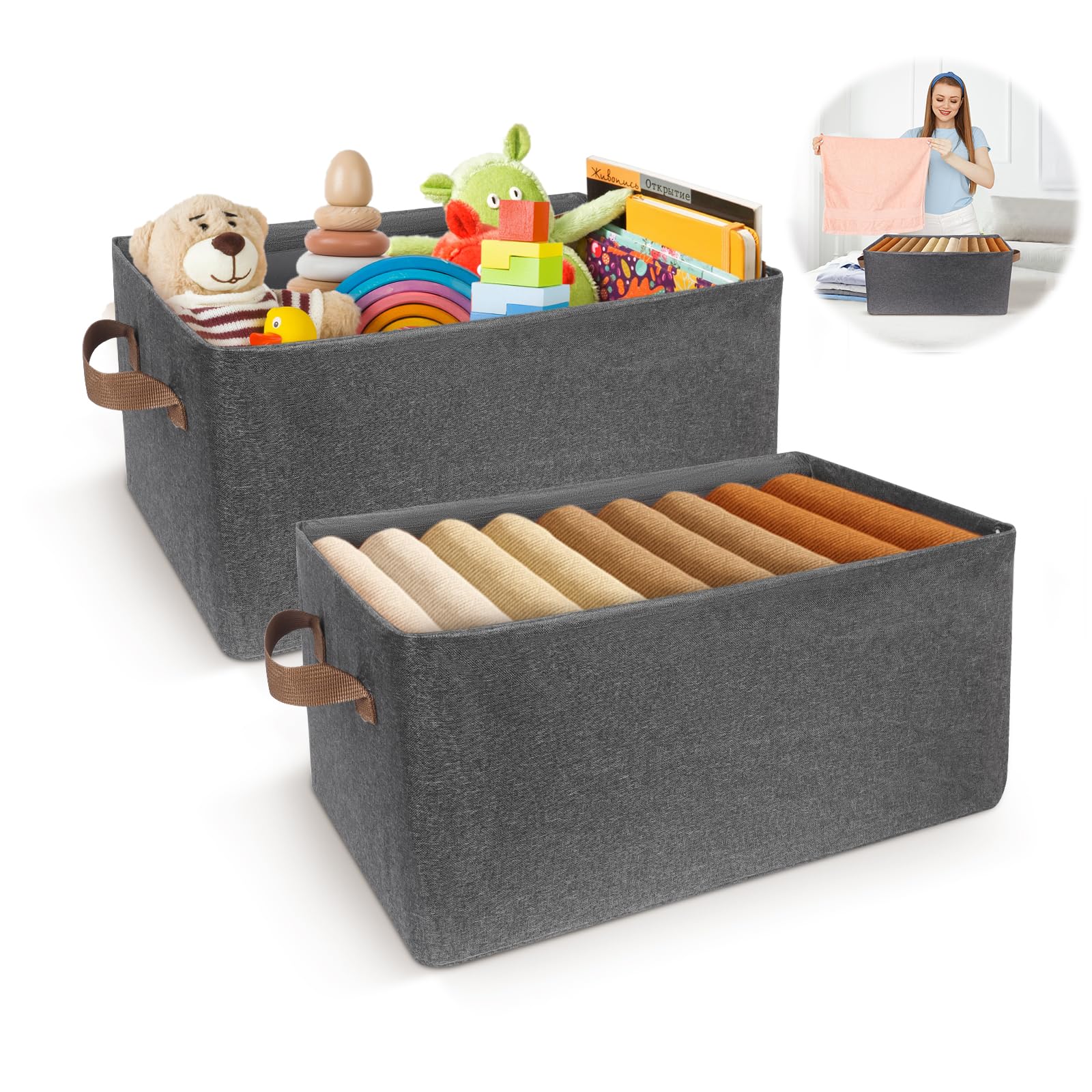 Figarge Storage Box, Pack of 2, Foldable with Handle, Box Cabinet Organiser, Oxford Fabric Storage, Laundry Basket, Foldable Basket, Storage Basket for Bathroom (Grey)