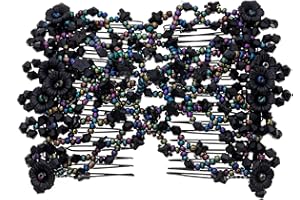 Ruihfas Vintage Beaded Crystal Flower Easy Stretchy Double Clips Hair Comb Hair Accessories (Color Black)