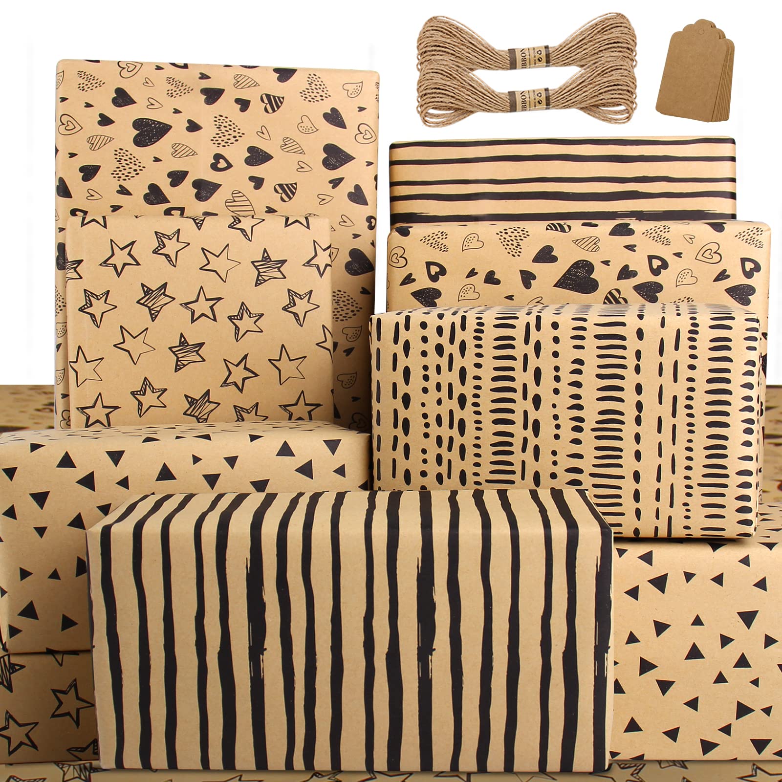 Recycled Kraft Gift Wrap Set - Eco Birthday Wrapping Paper, Tag String, Present Wrap for Women, Men, Kids