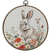 Easter Bunny Flower Round Framed Wall Art, Spring Rabbit Canvas Prints Artwork, Farmhouse Circle Wall Hanging Decor for Living Room Church Hallway, 10 Inches -04