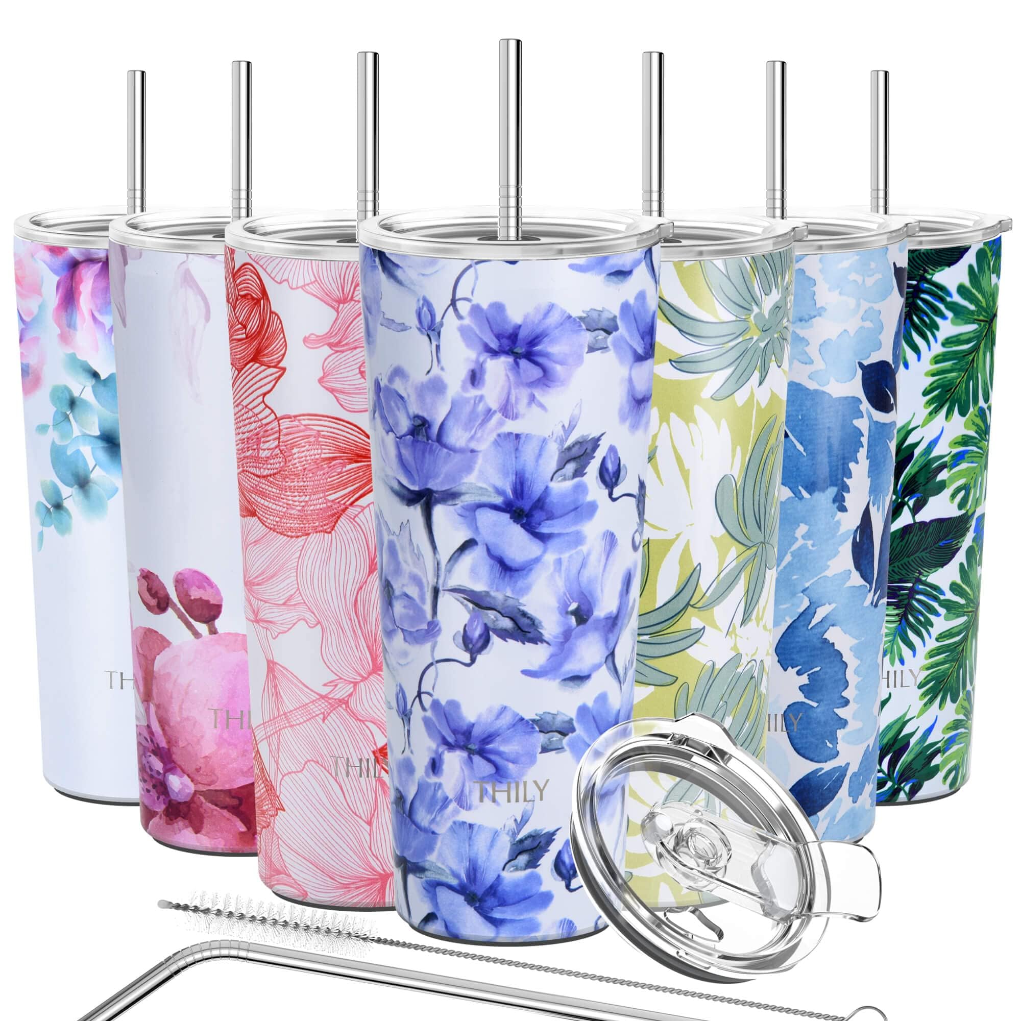 THILY Stainless Steel Tumbler Coffee Cup 780 ml Triple-Insulated Travel Mug with Splash-Proof Lid, for Ice Drinks and Hot Beverage Coffee Cup, Outdoor Gift for Women, Iridaceae