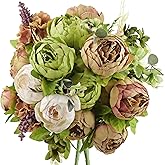 FiveSeasonStuff Rustic Brown, Beige & Green Artificial Peony Bouquets, 2 Silk Flower Bundles with Hydrangeas for Wedding & Dining Table Centerpieces, Living Room & Home Decor