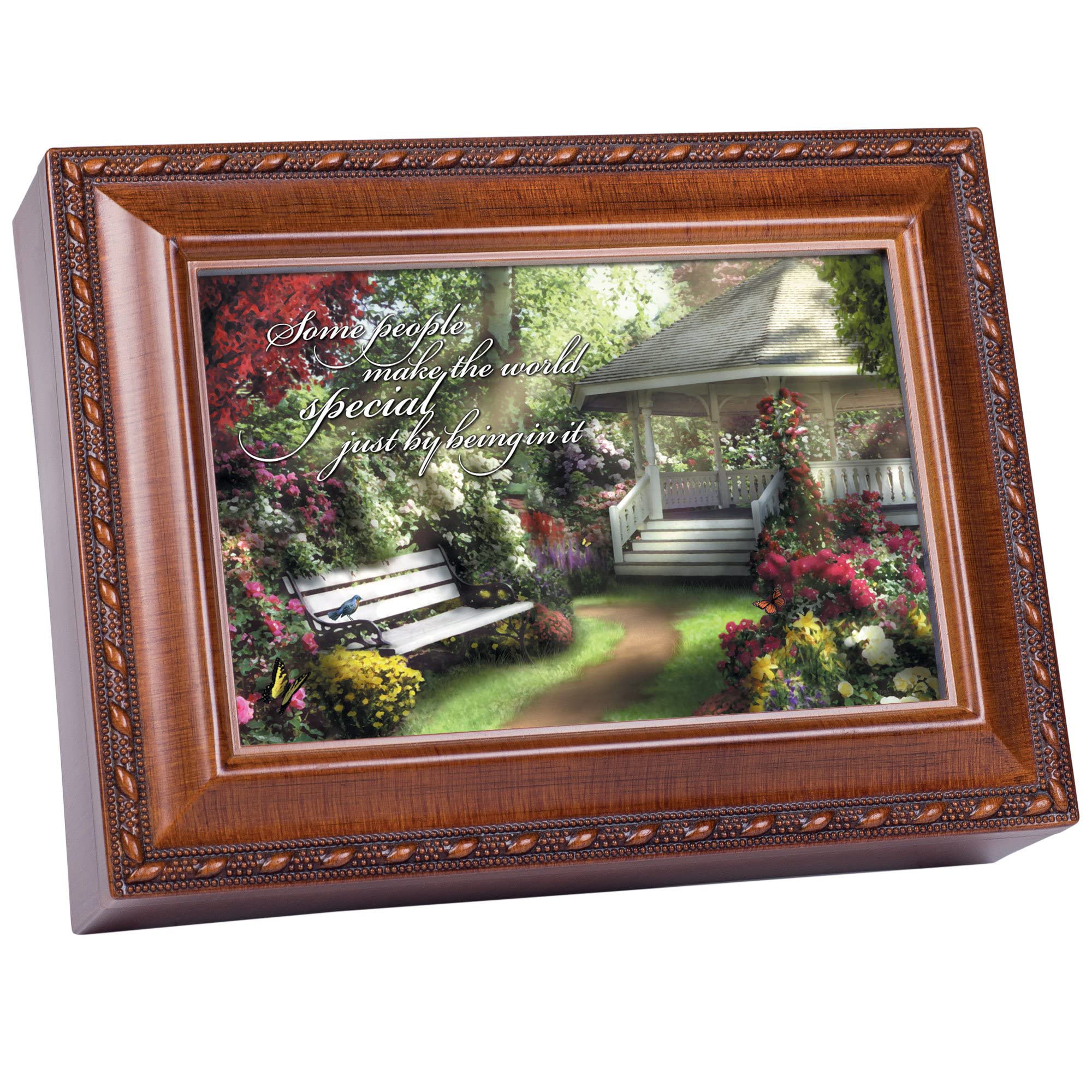 Cottage Garden Some People Make World Special Woodgrain Rope Trim Jewelry Music Box Plays Wonderful World
