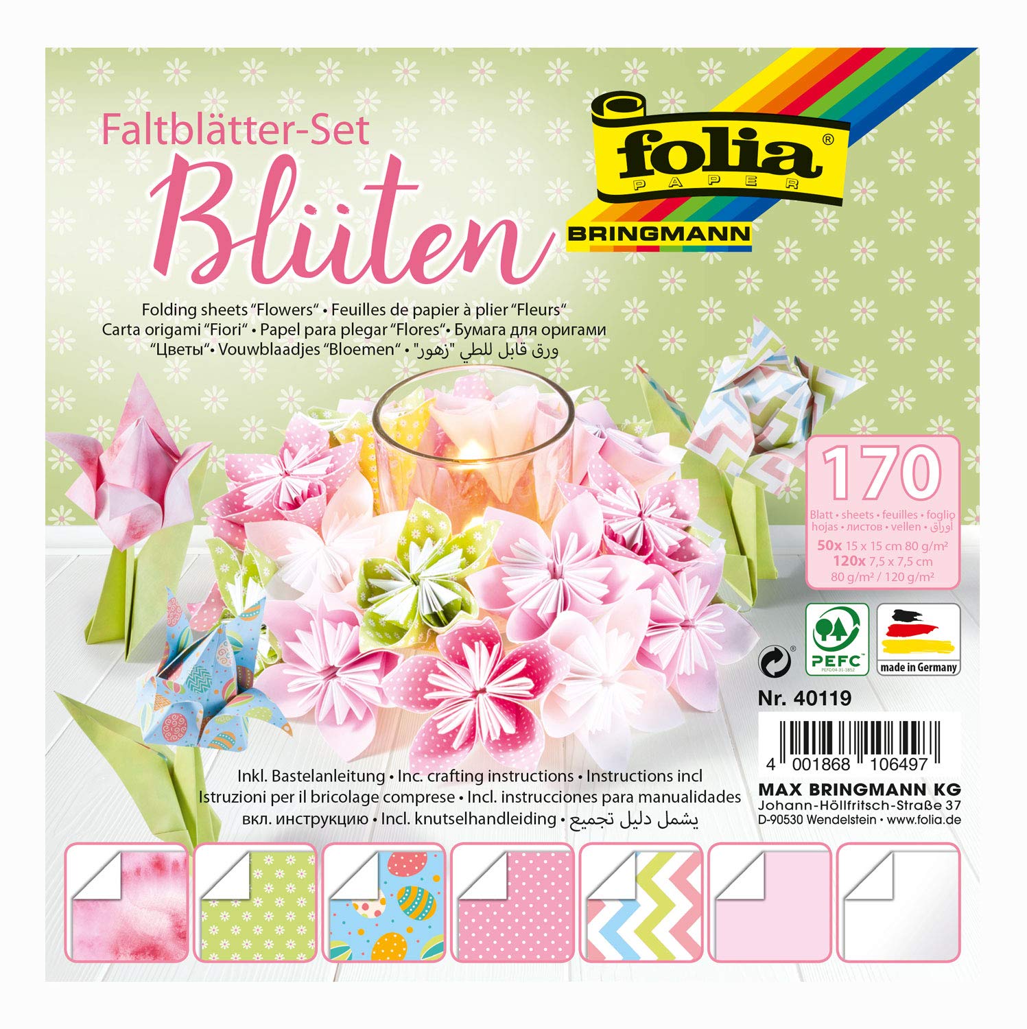 Folia 40119 Folding Paper Set 2 Sizes 50 15 x 15 cm + 120 Sheets 7.5 x 7.5 cm 7 Designs Ideal for Beautiful Folding Figures Flowers and Butterflies Multicoloured One Size