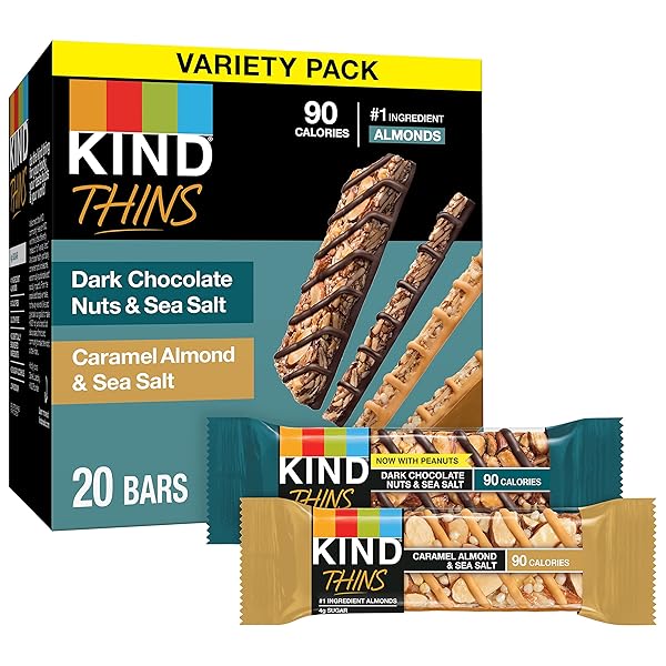 KIND THINS VARIETY PACK, DARK CHOCOLATE NUTS & SEA SALT, CARAMEL ALMOND & SEA SALT, HEALTHY SNACKS, LOW CALORIE, 20 COUNT