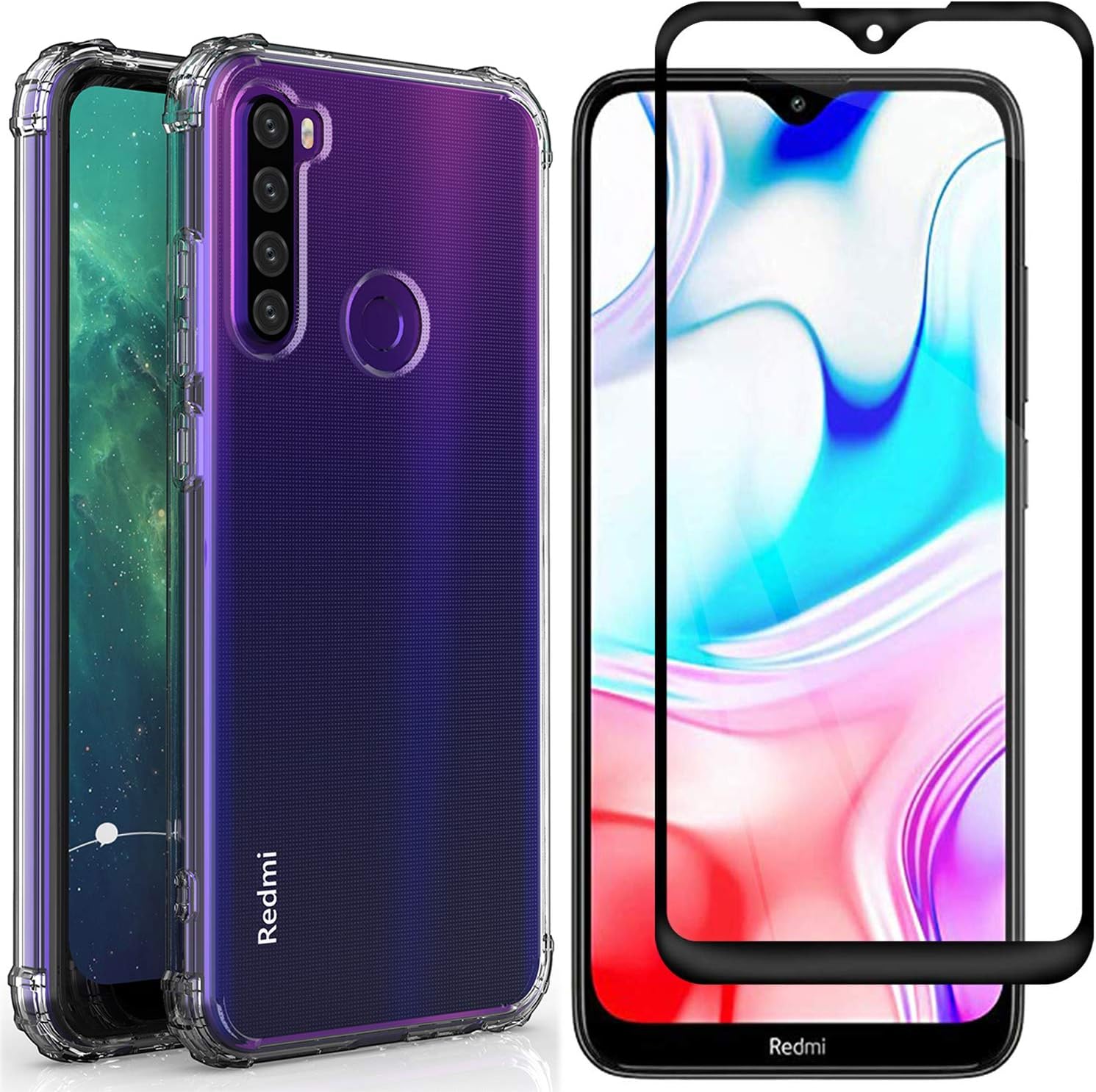 AOYIY For Xiaomi Redmi Note 8T Case and Screen Protector, Transparent Soft TPU Shockproof Phone Case + 9H Tempered Glass Full Screen Protector For Xiaomi Redmi Note 8T