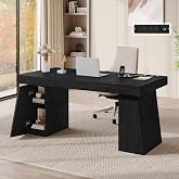 55.9" Wood Executive Desk with Storage, Modern Home Office Desk (Black) | Wood Computer Desk with Power Outlets, Mid-Century Modern Business Workstation for Working, Writing, Studying