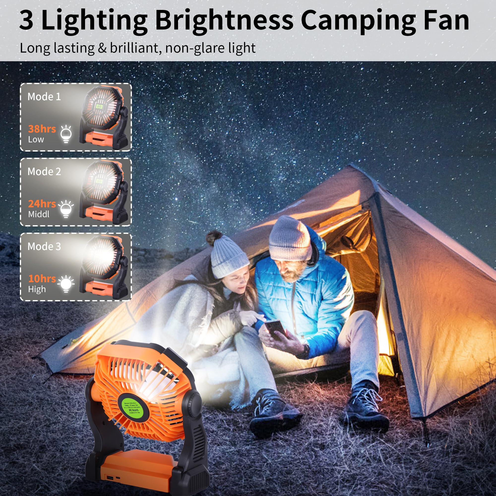 TDLOL Portable Fan Battery Powered Fan Rechargeable,270°Pivot Battery Operated Camping Fans with LED Light & Hook,USB Personal Rechargeable Outdoor Camping for Tent, Travel