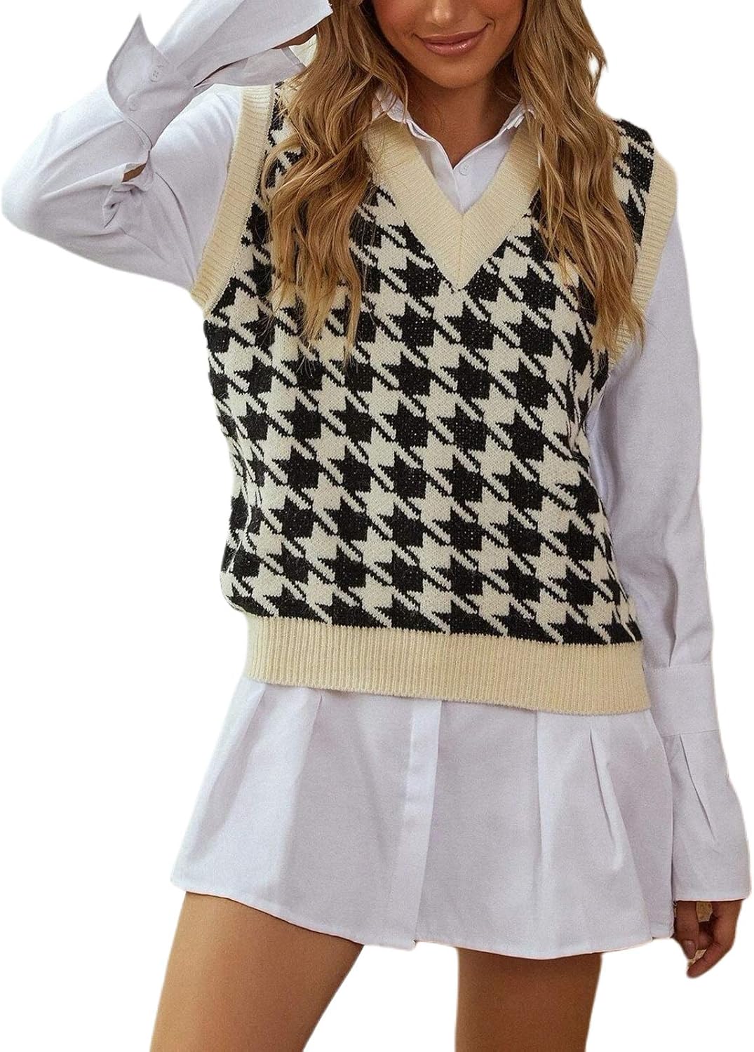 Women Oversized Houndstooth Sweater Vest Vintage Knitted V Neck Sleeveless Pullover Loose 90s 