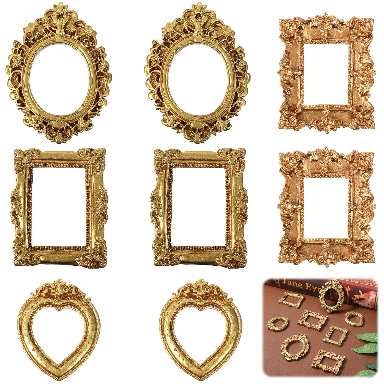 Photo 1 of Tyqour 8PCS Mini Gold Picture Frames Vintage Small Antique Resin Picture Frames Oval Rectangle Wall Hanging Display Table Frame for DIY Jewelry Christmas Holiday Party Hotel Decor