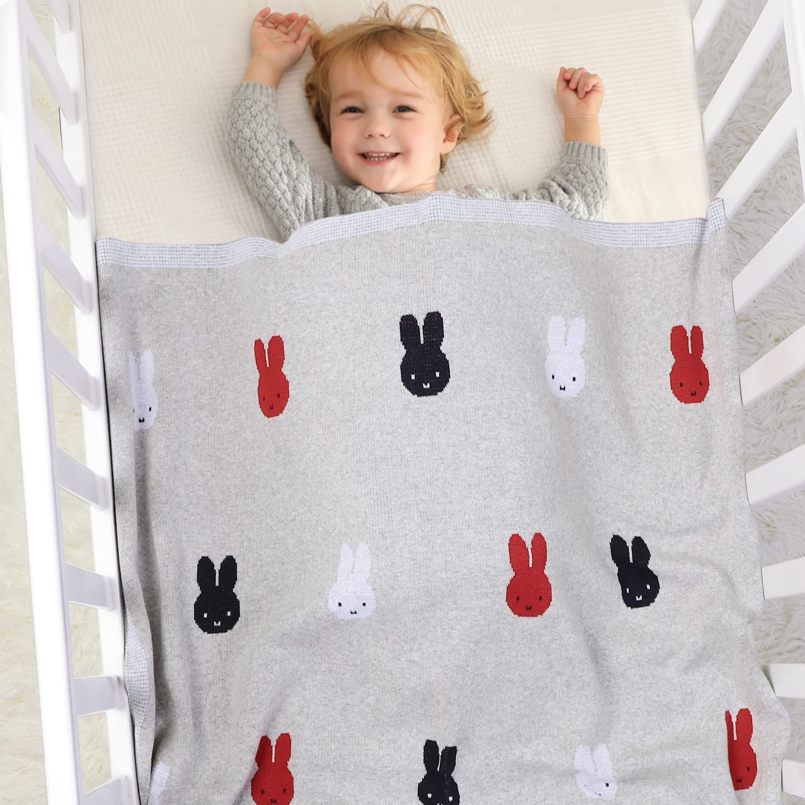 DovFanny Newborn Baby Super Soft Knitted Blanket Toddler Unisex Boys Girls 100% Cotton Banket with Lovely Rabbit Pattern 100 x 80cm Grey