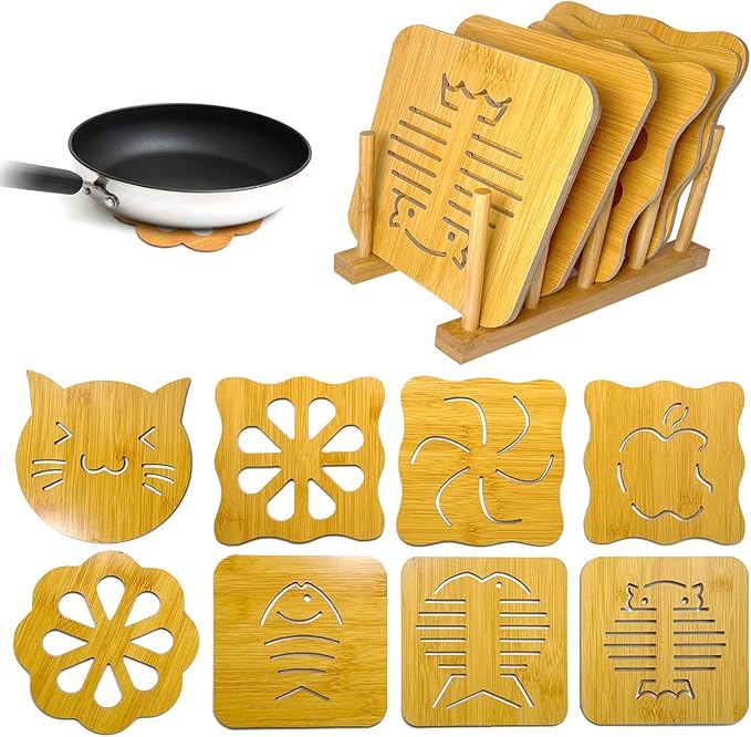 Trivets for Hot Pots and Pans, Wooden Coasters, 8Pcs Natural Kitchen