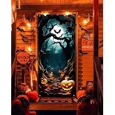 YUSPENYE Halloween Door Cover Decor, Outdoor Party Wall Backdrop Sign | Creepy pumpkin design: Halloween decorations indoor or outdoor for front doors, walls, porches, and parties, 35.4