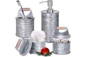Autumn Alley Rustic Bathroom Accessories Set 4 - Galvanized Soap Dispenser, Rustic Toothbrush Holder, 2 Apothecary Jars Qtip Holder - Western Bathroom Decor – Farmhouse Bathroom Decor Accessories