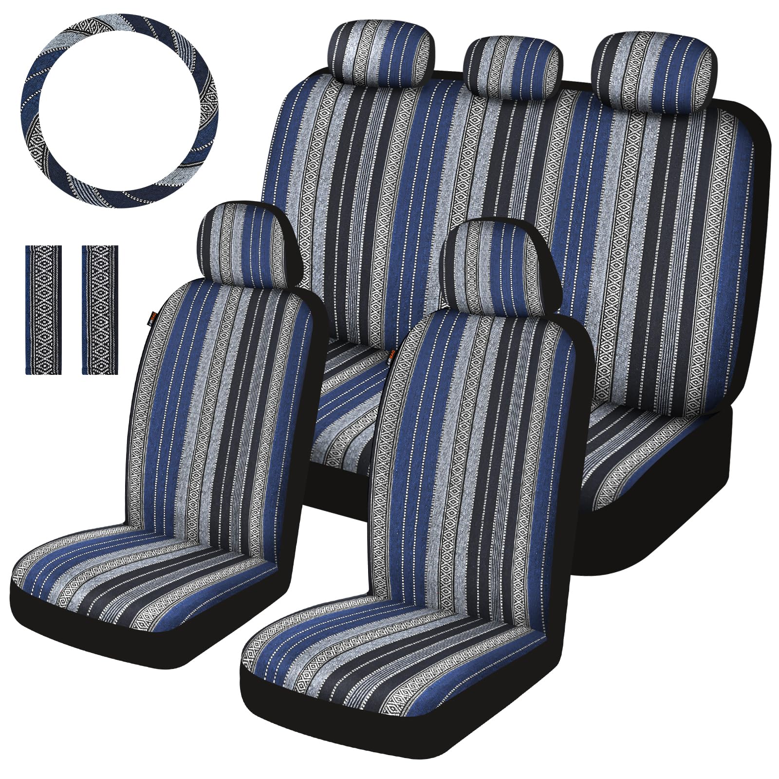 Photo 1 of Sino Salected Baja Saddle Blanket Car Seat Covers Full Set with Seat Belt Pads and Steering Wheel Cover, Washable Breathable Striped Woven Cloth Seat Covers for Cars, SUV, Truck, (Blue)