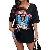 SOLY HUX Women's Plus Size Letter Graphic Tees Cut Out Deep V Neck Half Sleeve T Shirts Tops