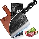 ENOKING Serbian Chef Knife 6.7 Inch, Handmade Professional Meat Cleaver Knife with Leather Sheath, High-Carbon Clad Steel Butcher Knife with Full Tang Handle for Kitchen, Camping, BBQ