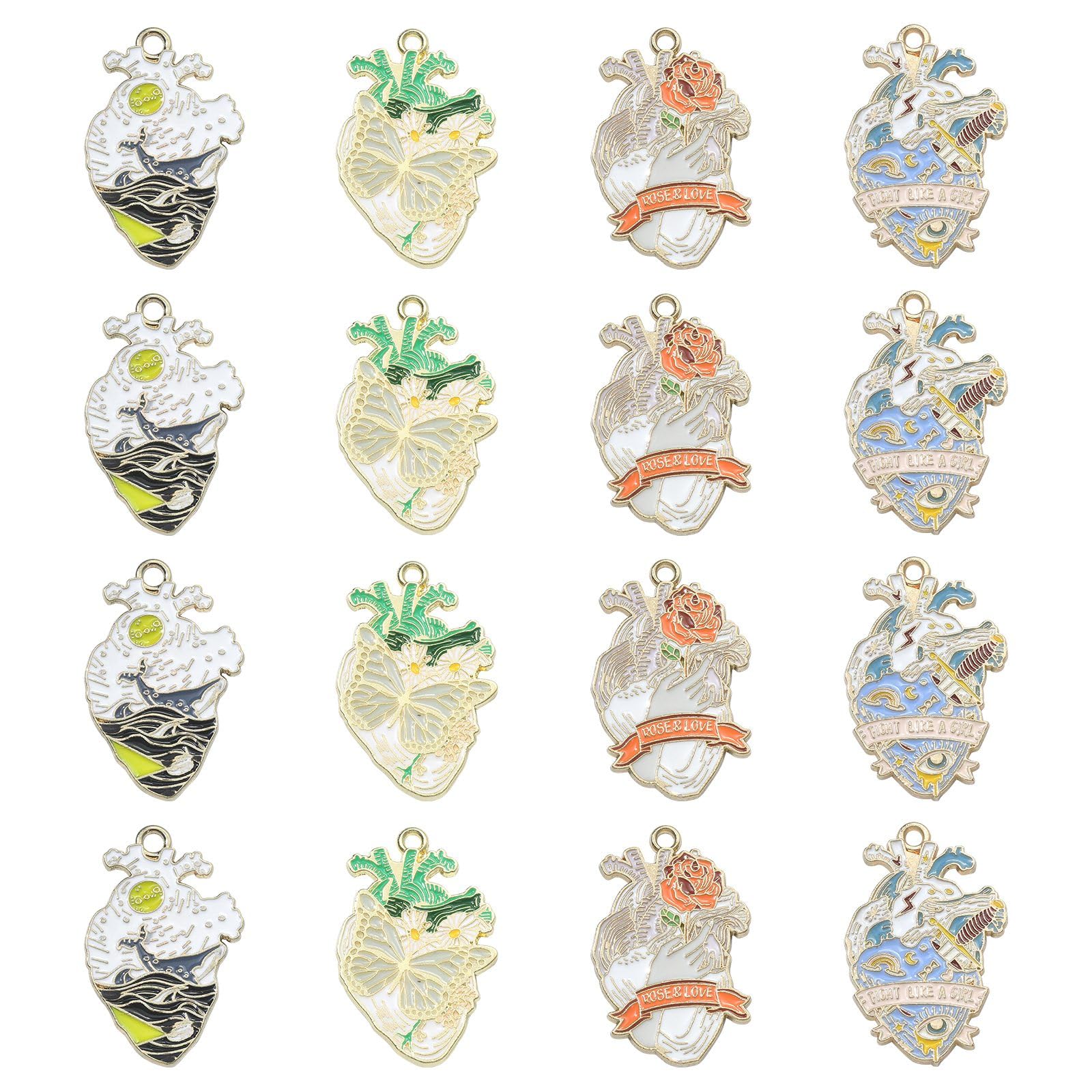 Stiesy 20Pcs 4 Styles Gothic Heart Charms Enamel Heart Pendant Charm Heart with Flower Animal Dangle Charms Bulk for Jewellery Making Bracelets Crafting