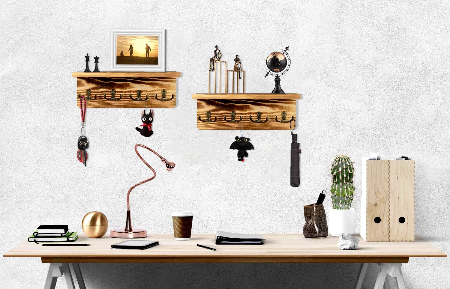 Key Holder for Wall Wooden Key Rack with Shelf Rustic Key Mail Holder Organizer with 4 Dual Key Hooks for Hat Handbags Hanging Coat Rack Hme Decor for Entryway, Bathroom and Kitchen, Fire Color: Home Improvement
