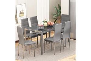 Recaceik, 7 Piece Kitchen 6 Person, Tempered Glass Table and PU Leather Chairs Modern Dining Room Sets for Small Space, Grey