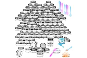 MotBach 100 Pcs 5g Empty Plastic Containers with Black Lids,Mini Makeup Sample Containers, Small Sample Pot Jars Round Cosmetic Jars with Mini Spatulas for Liquid Sample Powder Creams Lotions