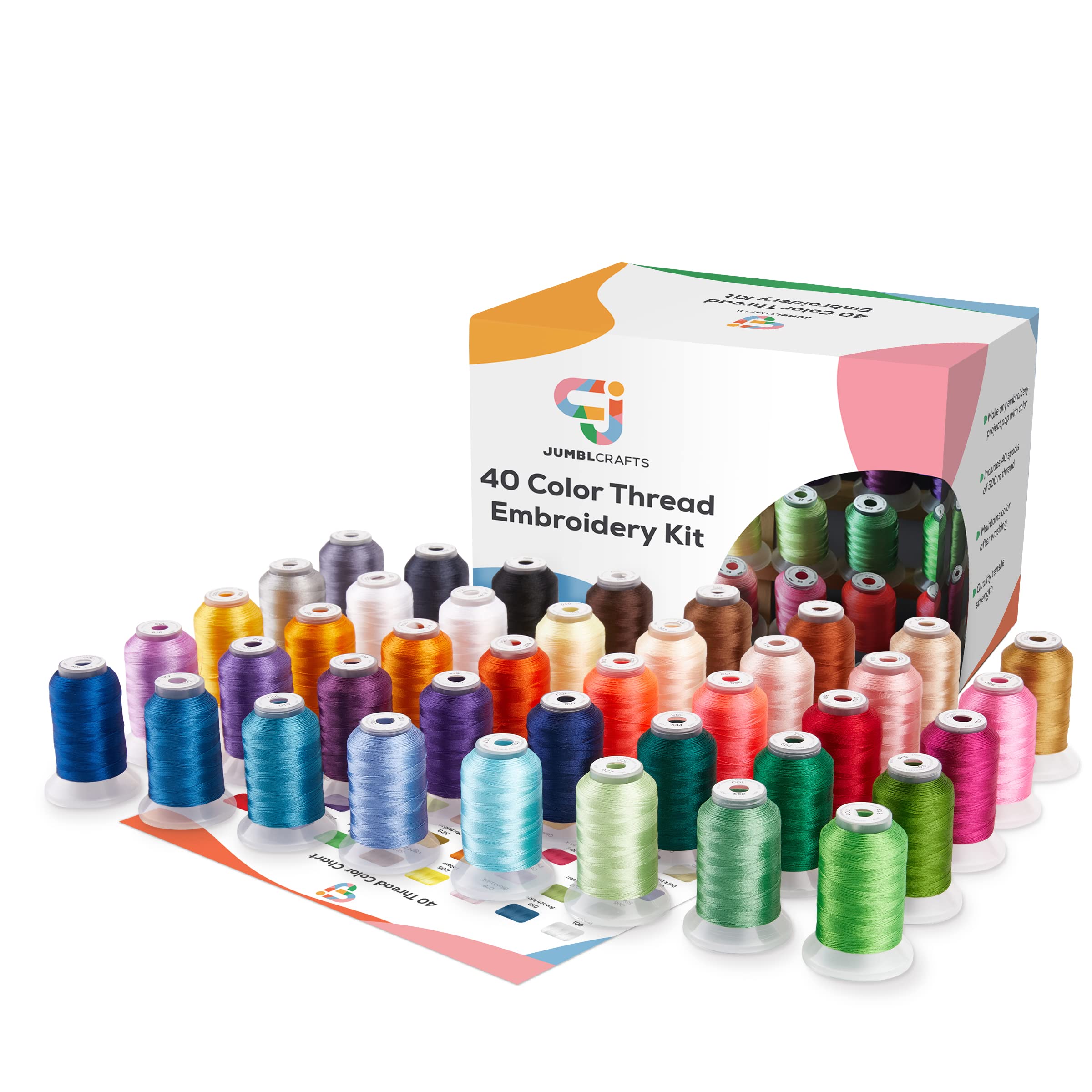 JumblCrafts 40 Color Thread Embroidery Kit – 40 Colored Spools of 500M Polyester Thread for Embroidery and Sewing Machines — image 1