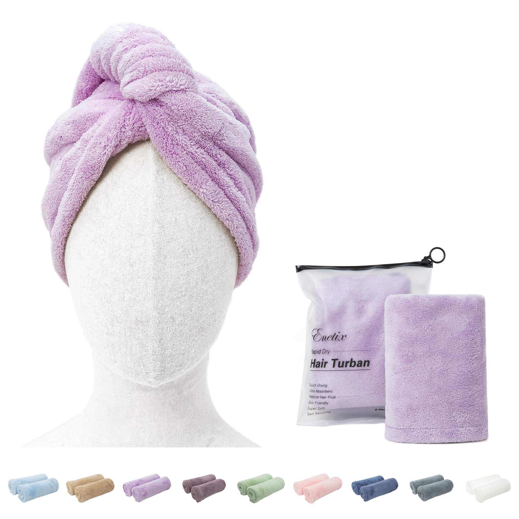ENETIX 2 Pack Microfiber Hair Drying Towel Wrap for Women, 25 × 70cm Super Absorbent Anti-Frizz Hair Turban, Rapid Dry Hair Towels with Button, Lavender