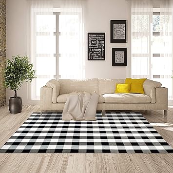 Amazon De Nanta Teppich Baumwolle Buffelkaro Gross Waschbar Gewebt Kariert Fur Wohnzimmer Esszimmer Schlafzimmer Bauernhof Schwarz Und Weiss Modern 5 X 6 5 Schwarz Weiss