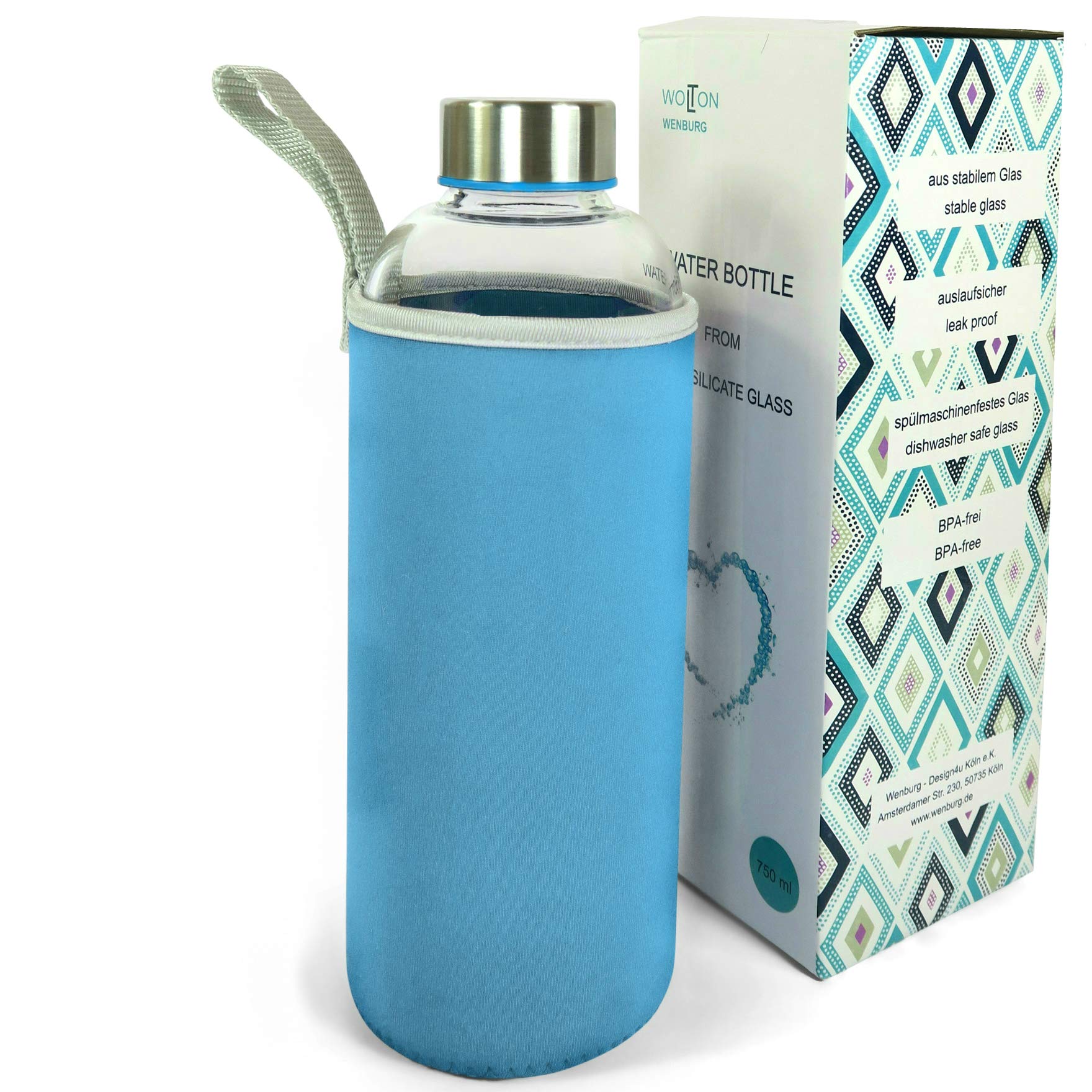Wenburg Wolton Water Bottle/Glass Bottle with Stainless Steel Lid 550ml/750ml/1L Neoprene Sleeve Glass Sports Bottle Travel Water Bottle (0.75L, Blue)