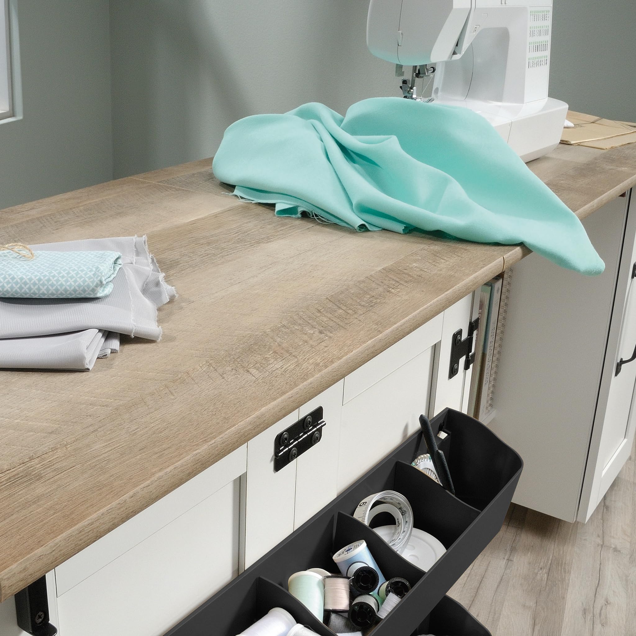 Sauder Miscellaneous Storage Sewing Cart, Drop-Leaf Craft Table, Sewing Table with Storage - Soft White Finish