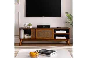 LKTART 59 Inch Mid Century Modern TV Stand with Rattan Doors, Entertainment Center Media Console for 55/60/65 inch TV, Boho/MCM Television Stand for Living Room/Bedroom, Light Wood