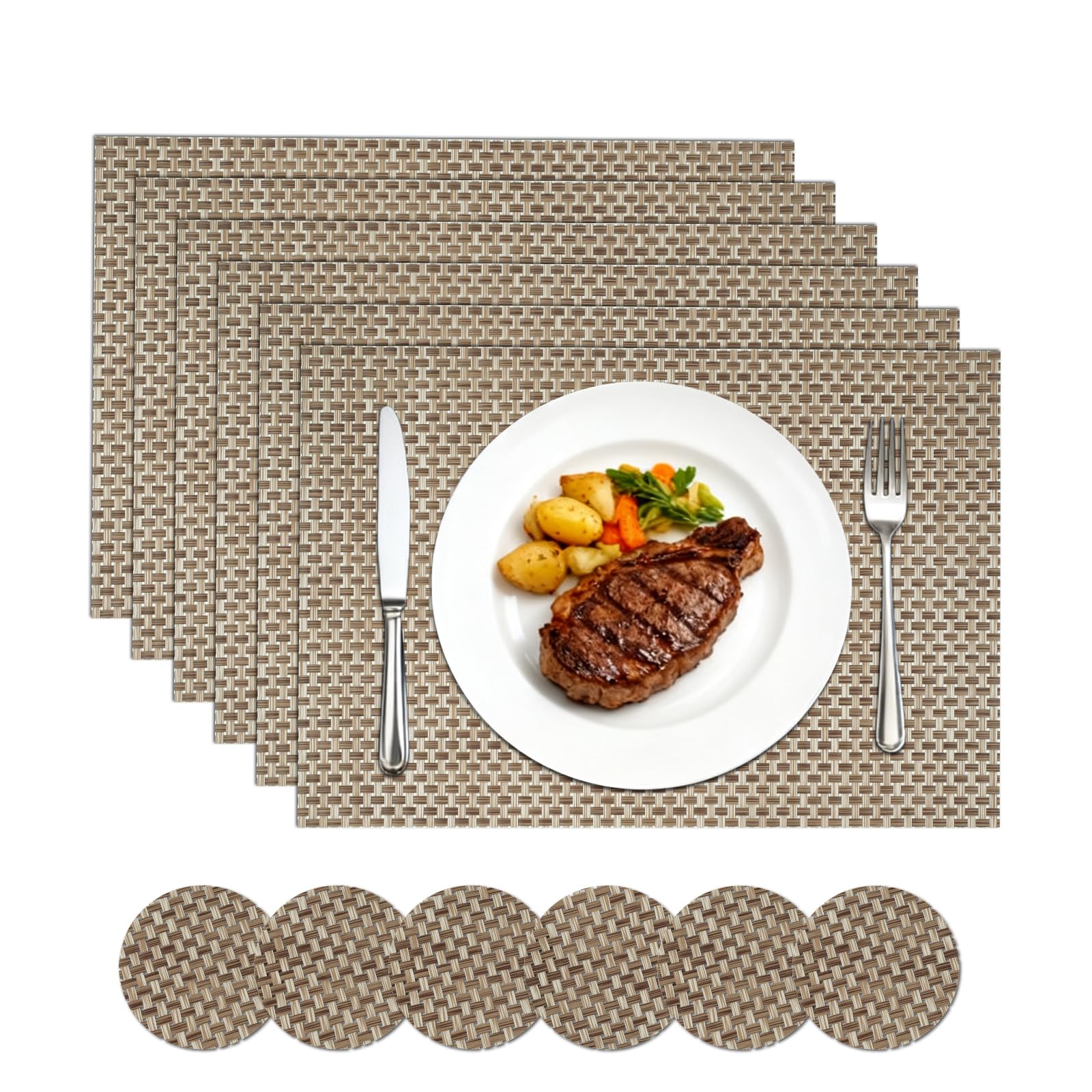 Homcomodar Table Mats Set of 6 Placemats Washable Non-slip Place Mats for Table Heat Resistant Placemats and Coaster Sets 6 for Home Kitchen,Dining Table,Restaurant,Outdoor, (45cm x 30cm Light Coffee)