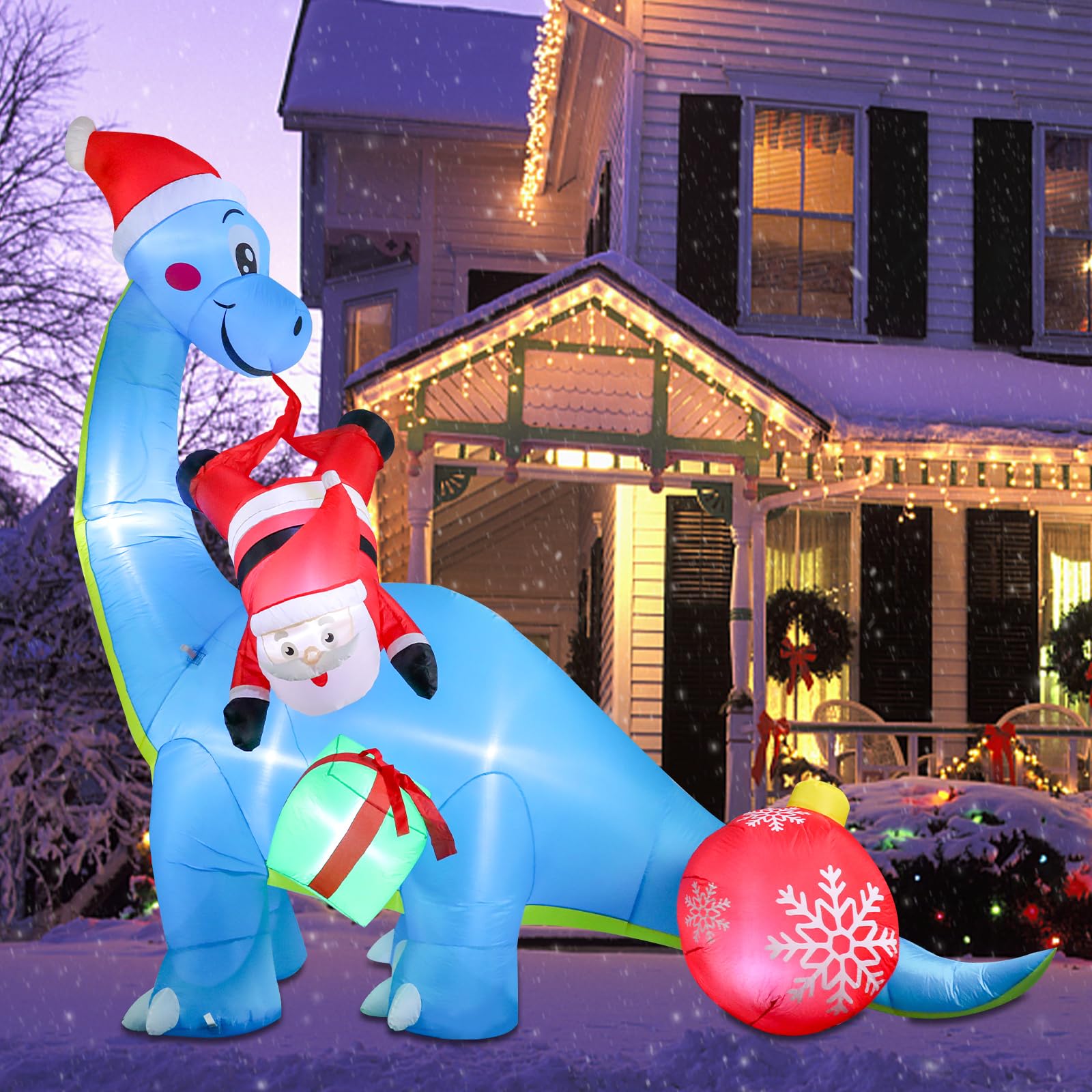 Photo 1 of **NON**FUNITIONAL** MUMTOP 10 FT Christmas Inflatables Giant Dinosaur with Santa, Blow Up Outdoor Decorations with LED Lights Built-in for Holiday Party Xmas Yard Garden
