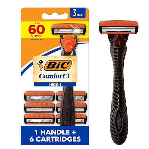 BIC Comfort 3 Refillable Three-Blade Disposable Razor for Men, Sensitive Skin Razor For a Comfortable Shave, 1 Handle and 6 Cartridges, 7 Piece Razor Set