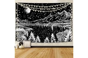 Simpkeely Black and White Tapestry Starry Night Tapestry Mountain Tapestry Moon Stars Tapestry for Bedroom Living Room - 59 x