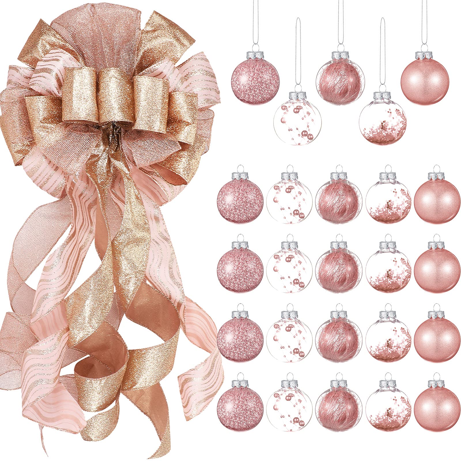 Syhood 25 Pieces Christmas Tree Topper Bow 12 x 34 Large Bow With Color Strips and 2.36 Inch Plastic Ball Ornaments for Tree Home Decoration(Rose Gold)