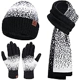 Womens Winter Knit Beanie Hats and Touchscreen Gloves Long Scarf Set with Warm Fleece Lined Skull Caps Scarves for Women